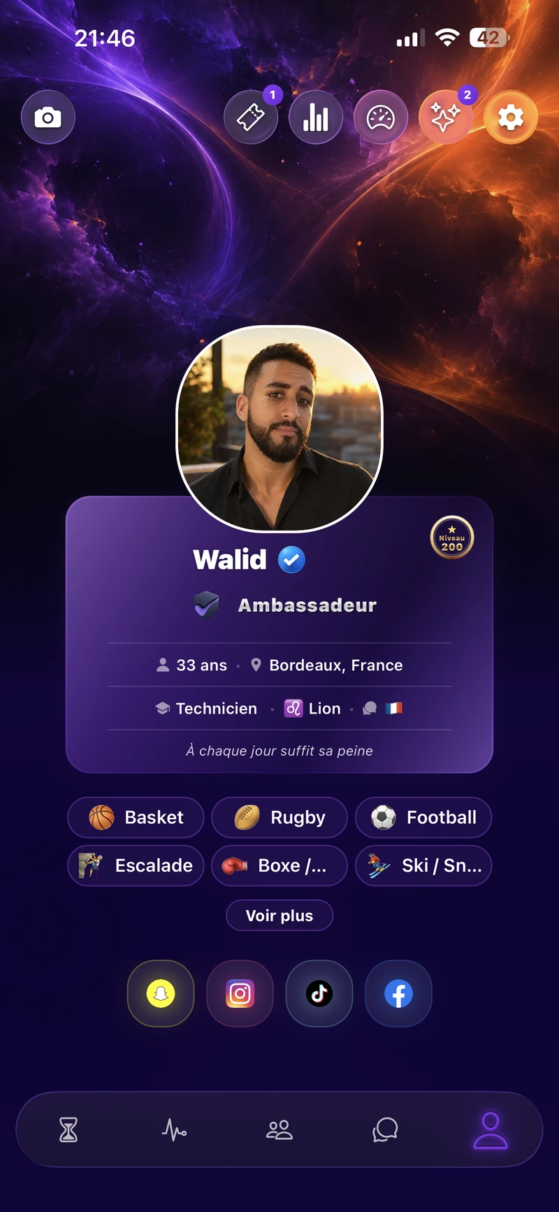 Le profil Zenvy de Walid, thème améthyste